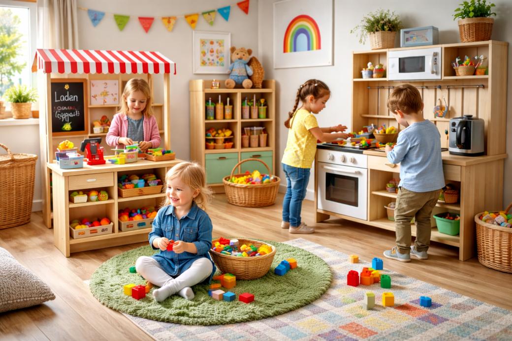 Kinder spielen mit bunten Blöcken und Spielzeugküche im Spielzimmer.