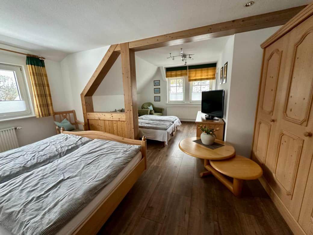 Zimmer mit Bett, Kleiderschrank und Sicht auf Wohnbereich mit TV und Fenstern.