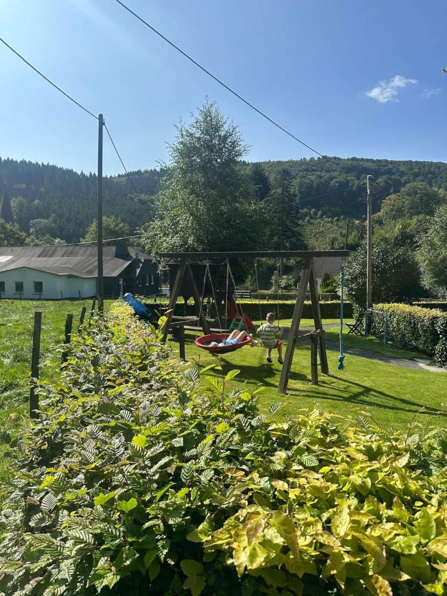 Ein Spielplatz mit Schaukel und Rutsche im Garten. Kinder spielen im Freien.