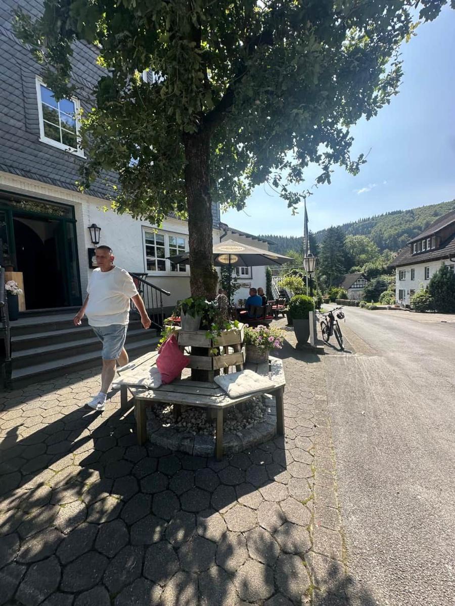 Haus mit Bäumen, Terrasse und Fahrrad auf gepflastertem Weg.