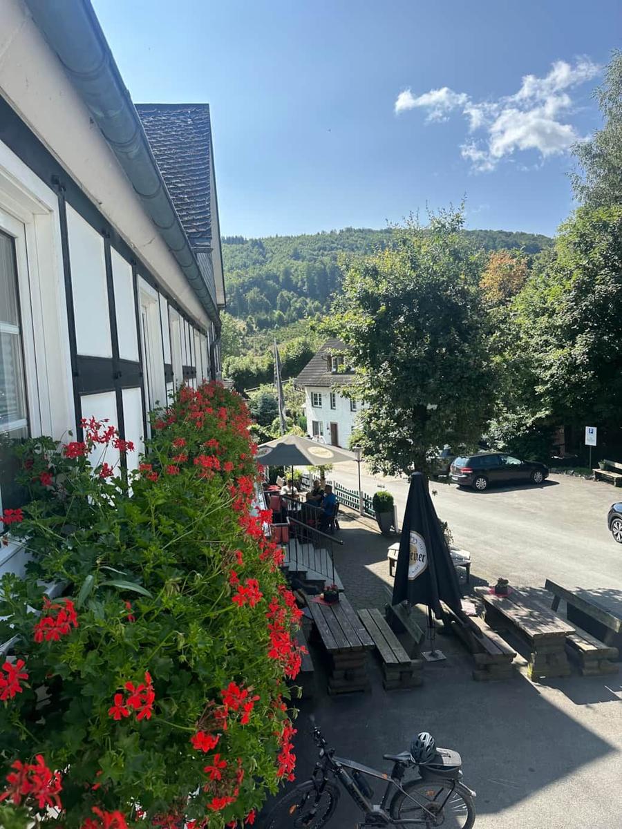 Außenbereich mit Tischen, Blumen und Blick auf grüne Hügel.