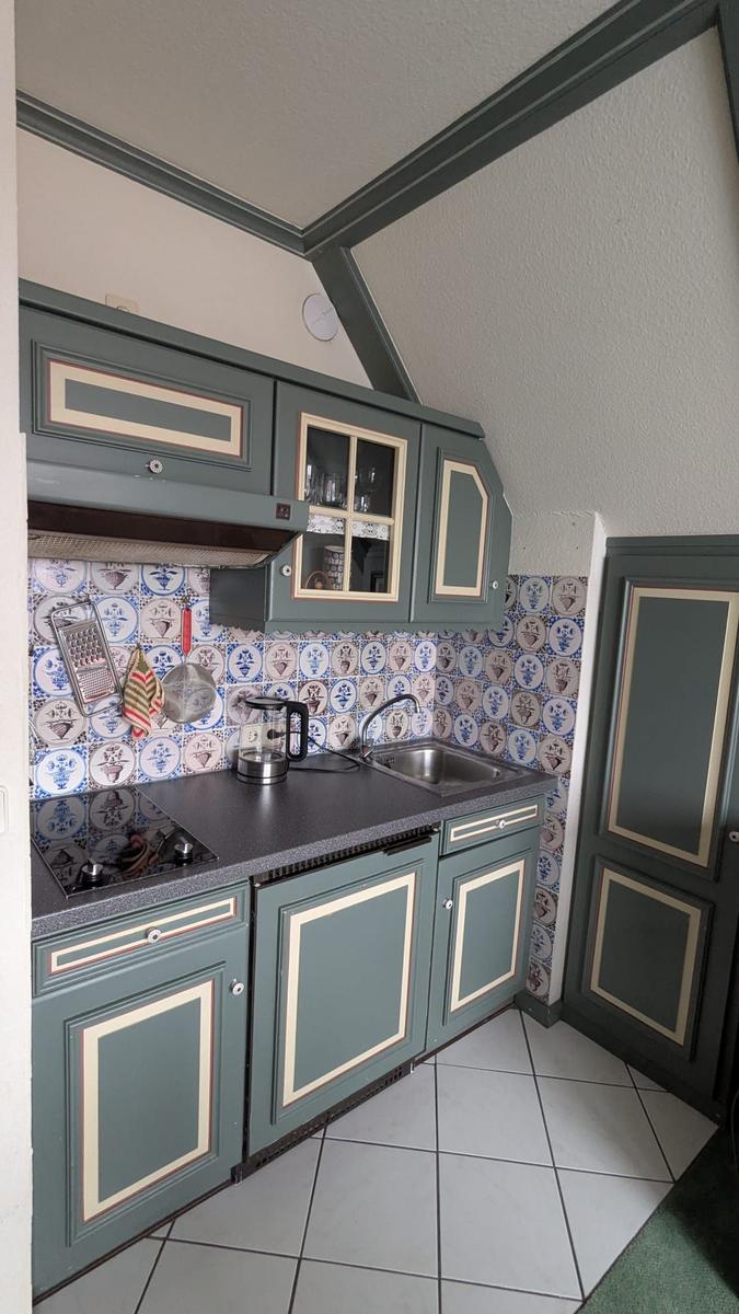 Küche mit grünen Schränken, Fliesenwand und Edelstahlspüle.