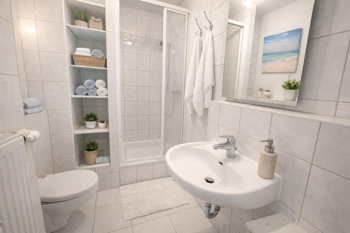 Badezimmer mit Dusche, Waschbecken und Toilette. Regal mit Handtüchern und Pflanzen.