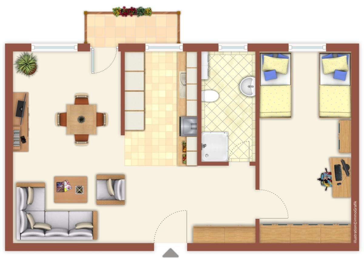 Wohnung mit zwei Schlafzimmern, Küche, Bad und Wohnbereich mit Sofa und Esstisch.