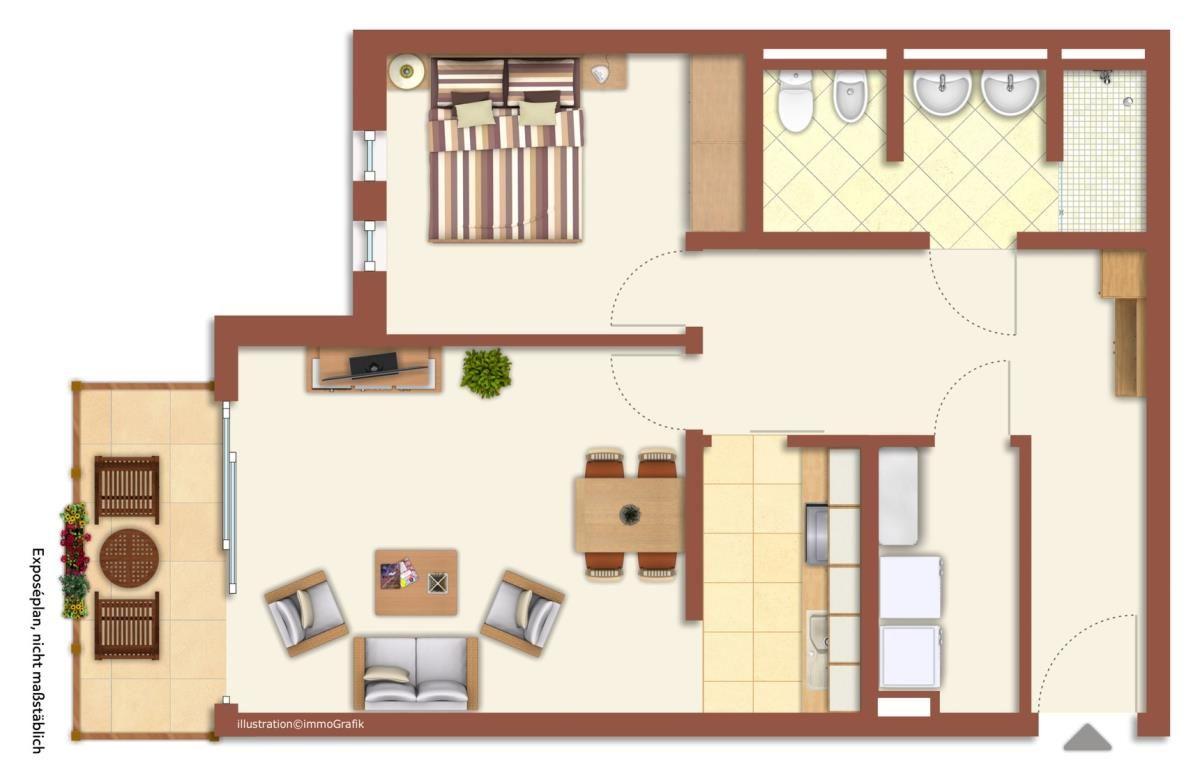 Wohnung mit Schlafzimmer, Wohn- und Essbereich, Küche und Bad.