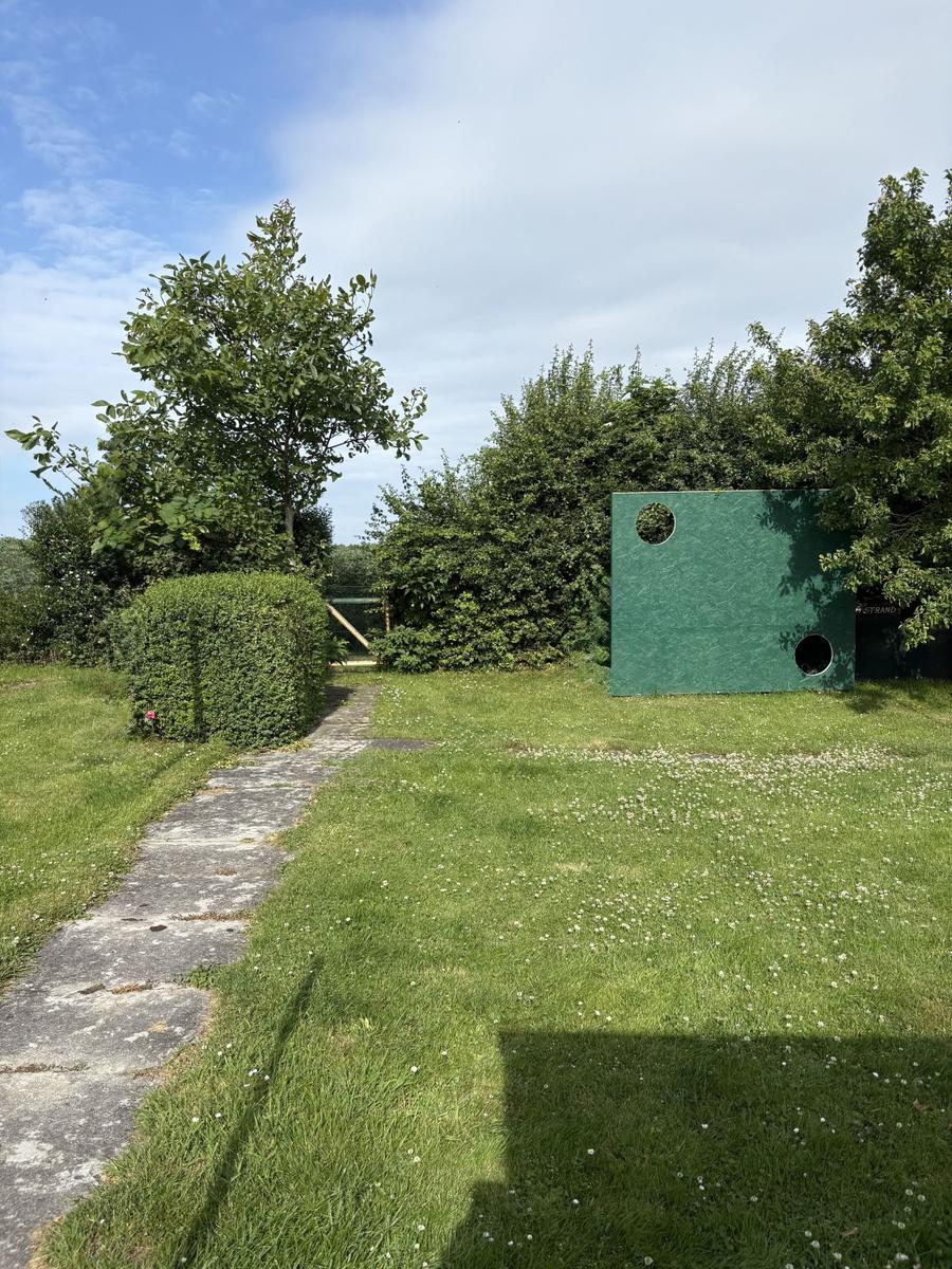 Grüner Gartenweg mit Rasenfläche und grüner Wand mit Rundöffnungen.