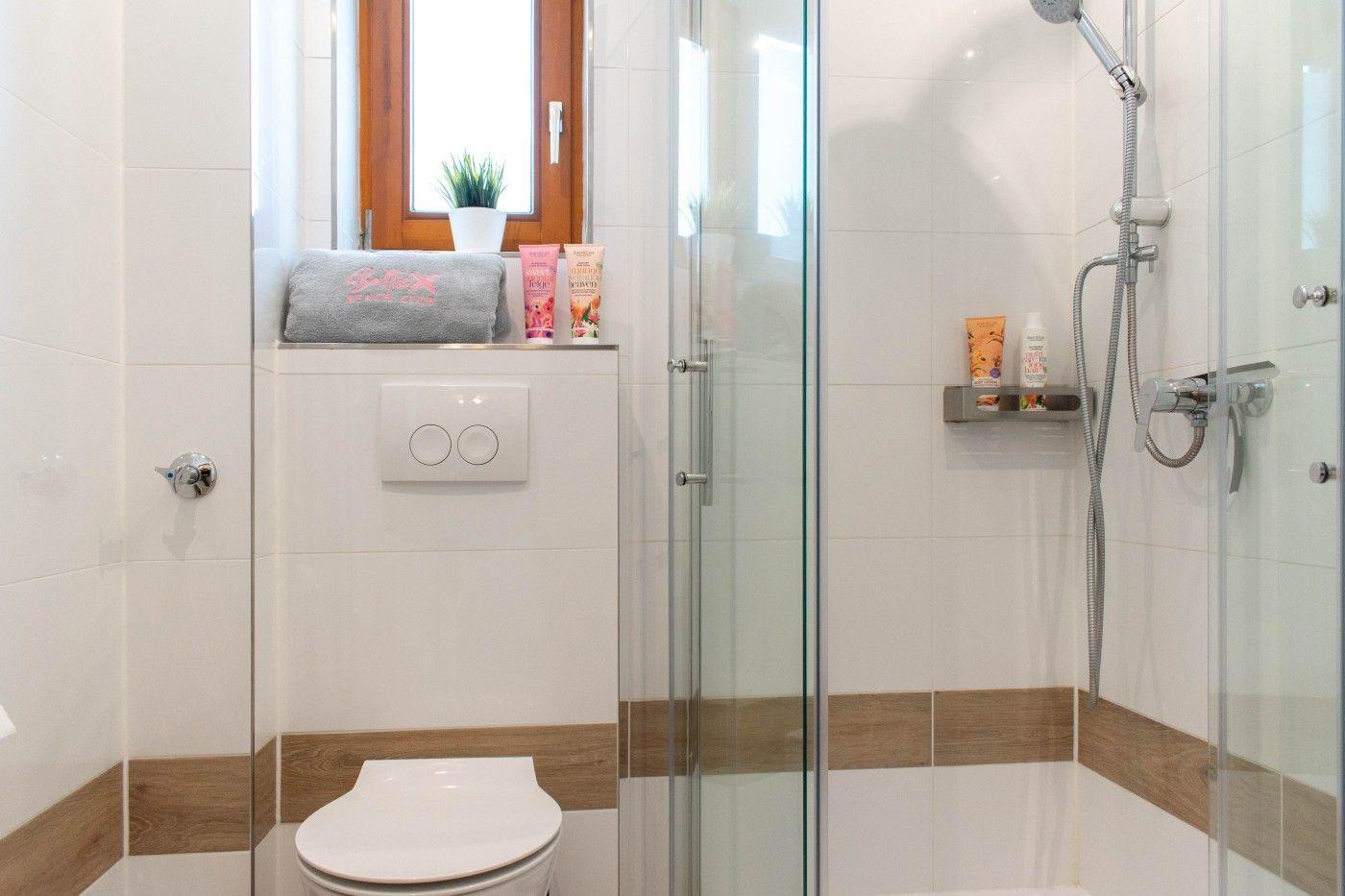 Badezimmer mit Dusche, Toilette und Fenster mit Pflanze.