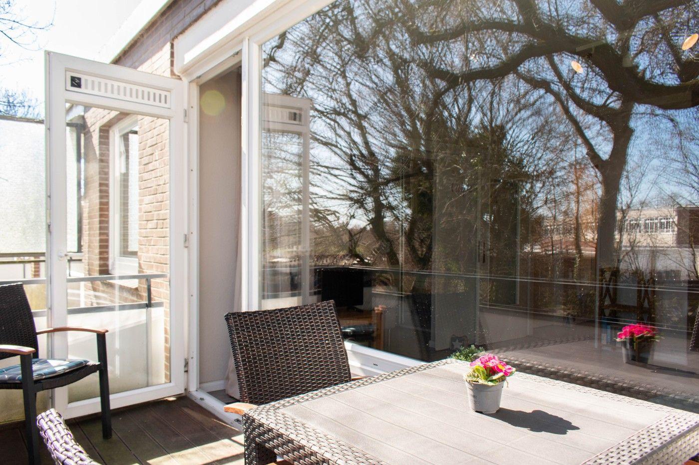 Terrasse mit Tisch, Stühlen und Pflanze. Durchgehende Glastüren führen ins Haus.