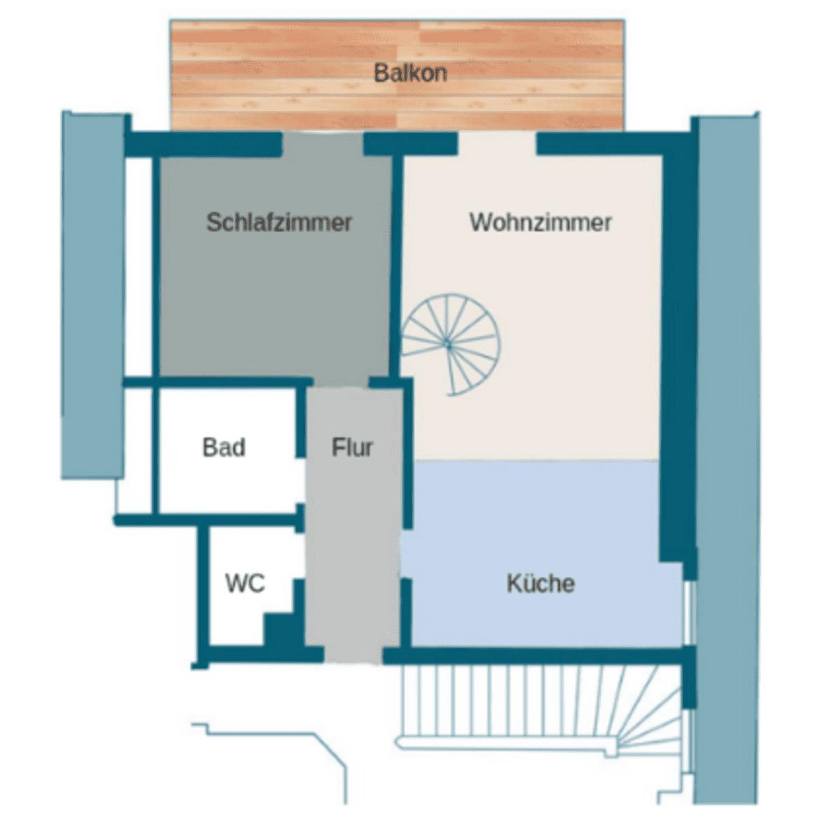 Dieses Apartment hat ein Schlafzimmer, Wohnzimmer, Küche, Bad und WC. Ein Balkon und eine Treppe sind vorhanden.