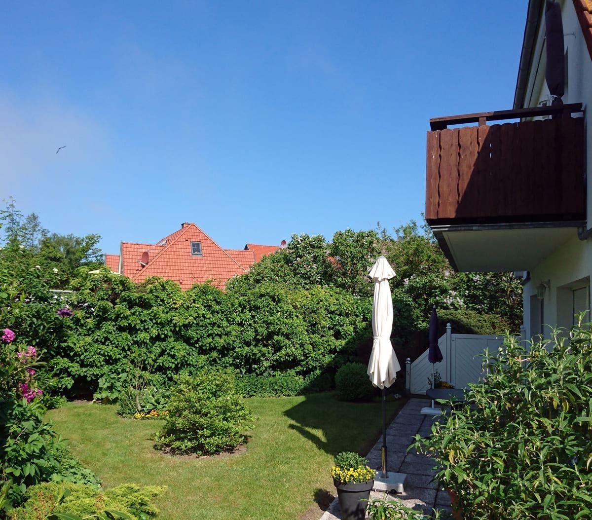 Hinterhof mit Grasfläche, Blumen und geschlossenem Sonnenschirm. Balkon und umliegende Bäume sichtbar.