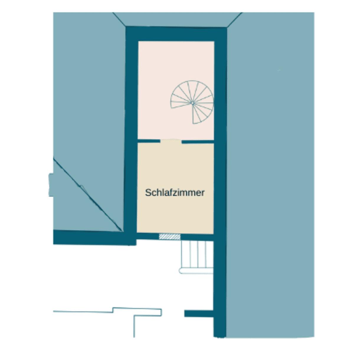 Schlafzimmer mit Dachbodenbereich und Treppe.