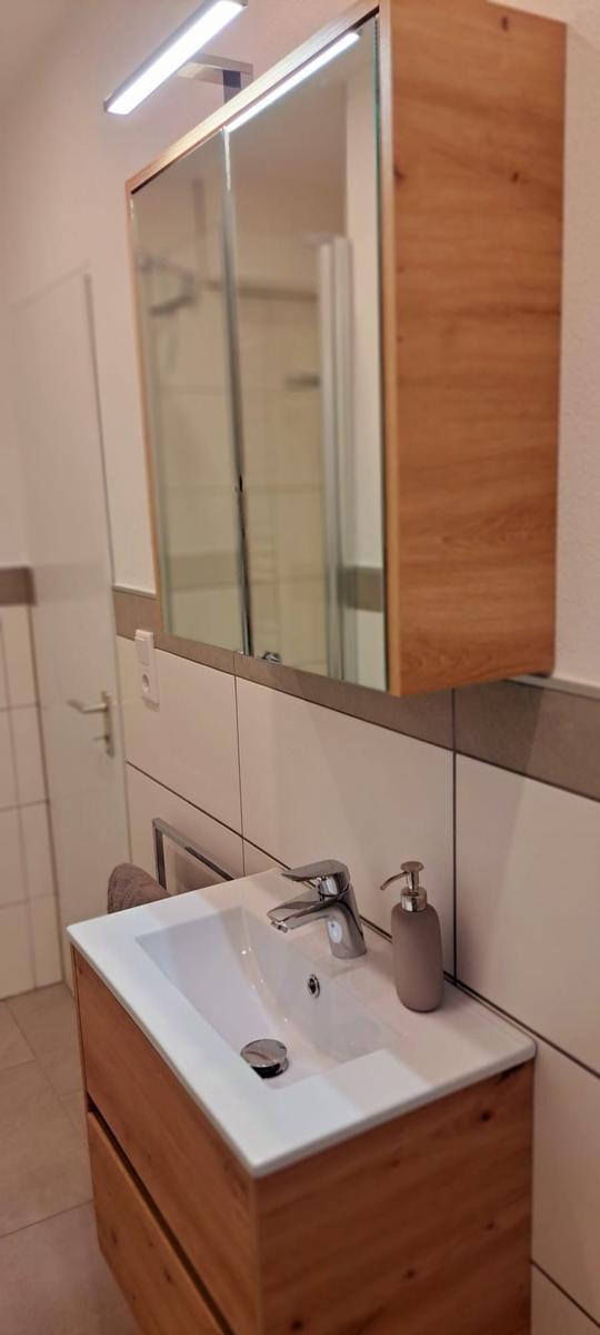 Badezimmer mit Waschbecken, Spiegelschrank und Dusche