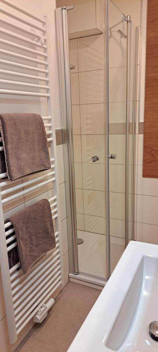 Badezimmer mit Duschkabine, Heizkörper und Waschbecken.