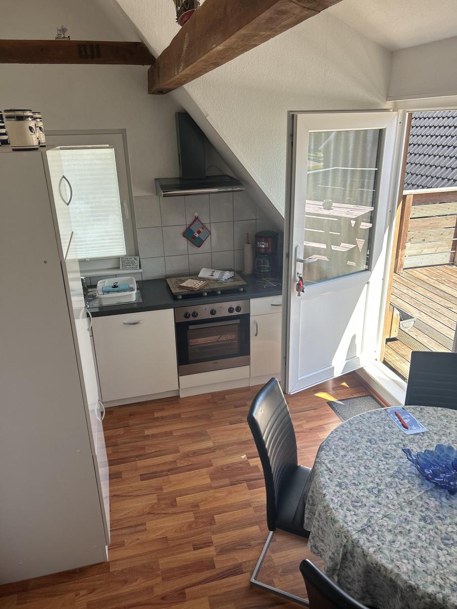 Küche mit Essbereich und Terrasse. Holzdielenboden und Dachschräge.