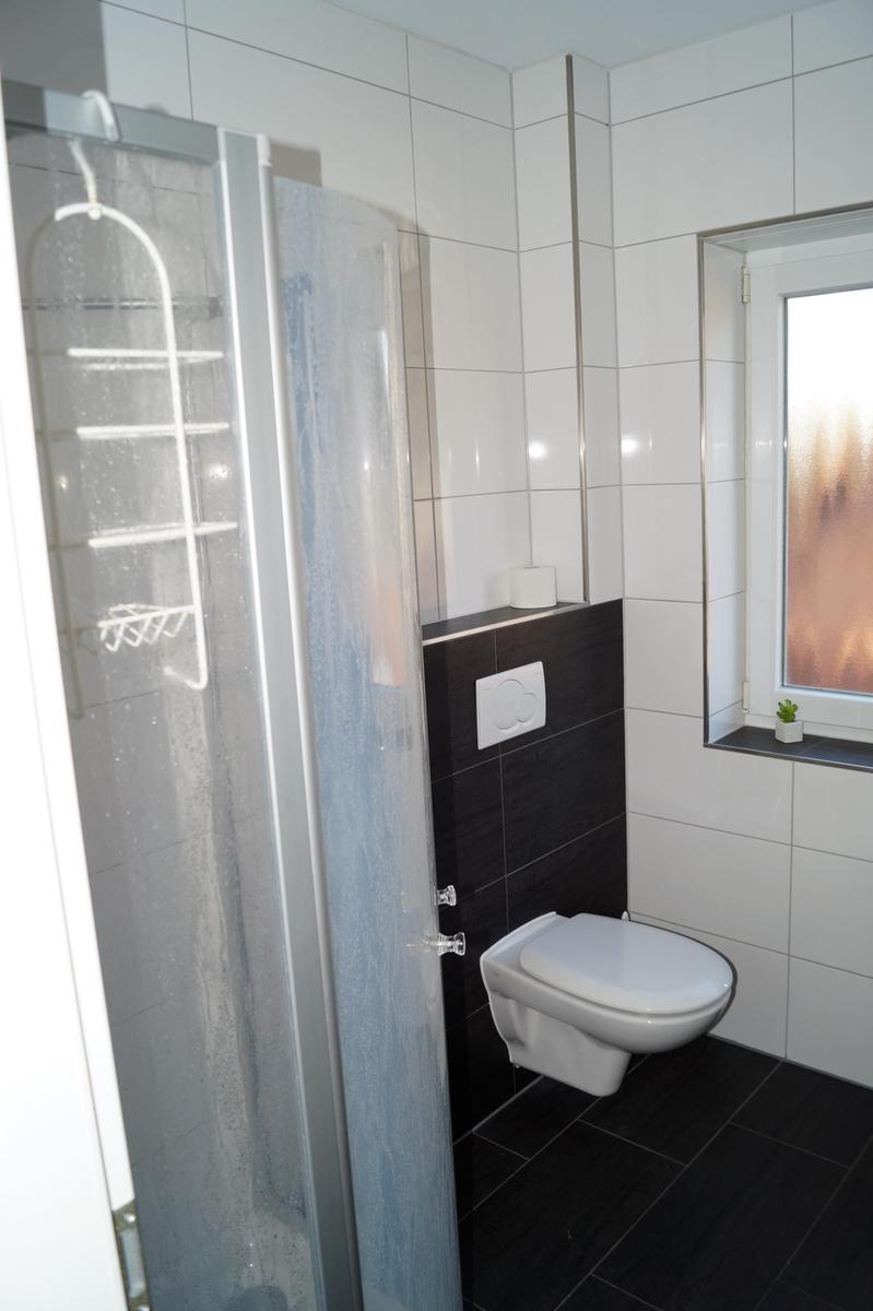 Badezimmer mit Dusche, WC und Fenster mit Pflanze.