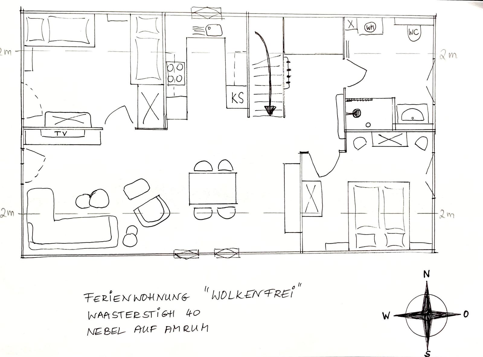 Ferienwohnung mit Küche, Wohnzimmer, Schlafzimmer und Bad. Skizze zeigt Raumverteilung.