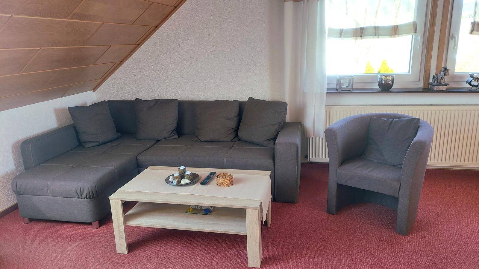 Wohnzimmer mit grauem Sofa, Sessel und Holztisch. Holzdecke und Fenster mit Vorhängen.