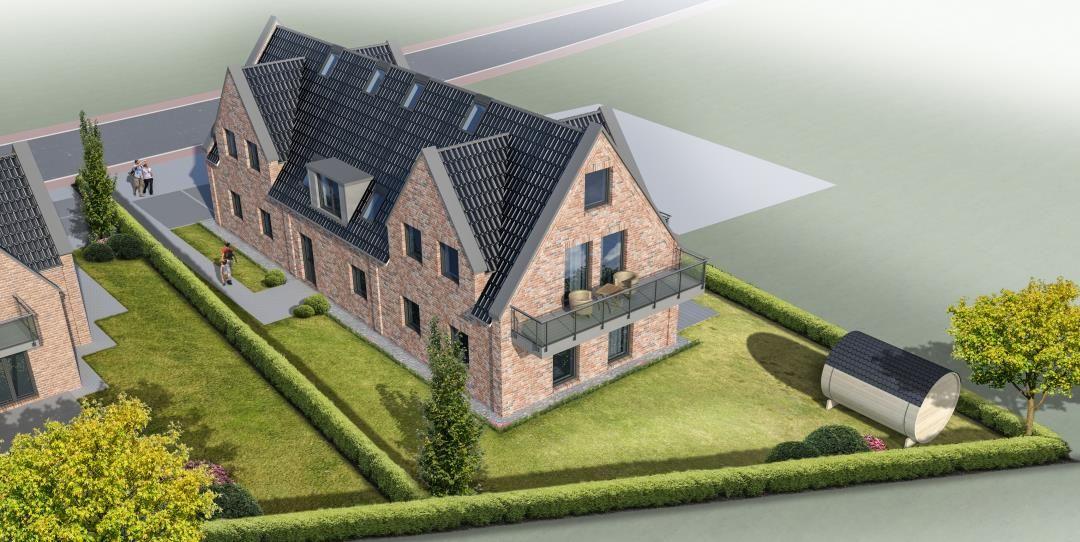 Modernes Haus mit Steinmauer, Balkon und Garten. Nebenhaus und Terrasse sichtbar.