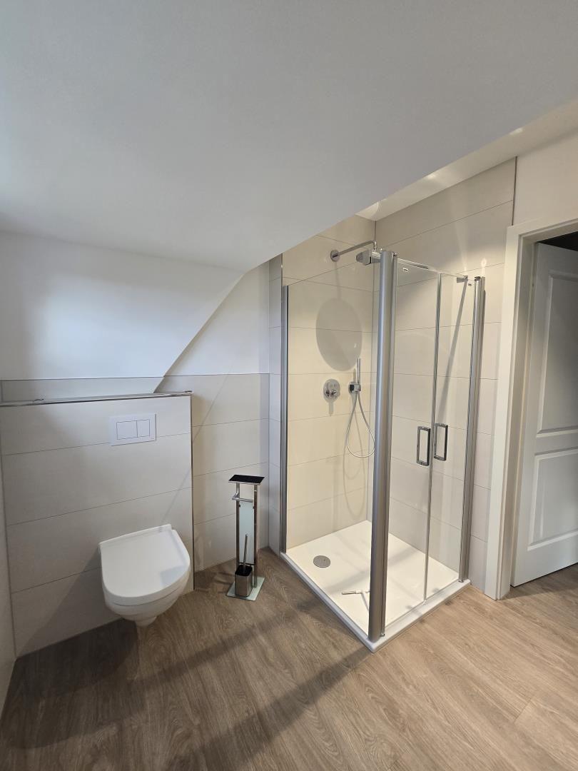 Dusche mit Glaswand, WC und Holzfußboden in einem hellen Badezimmer.
