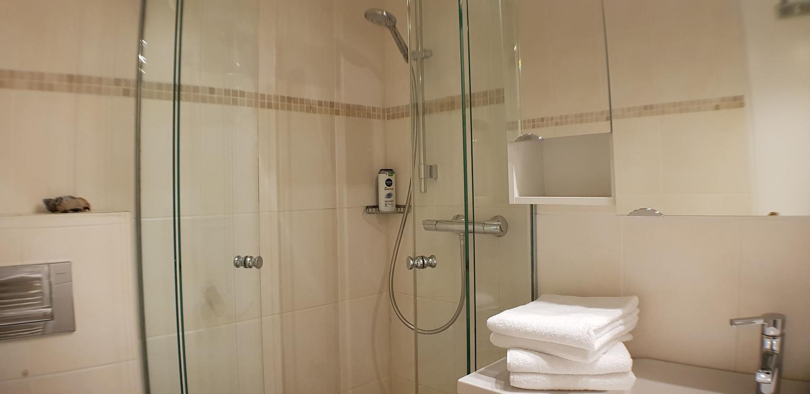 Dusche mit Glaswand, Handtuchstapel und Spiegelschrank