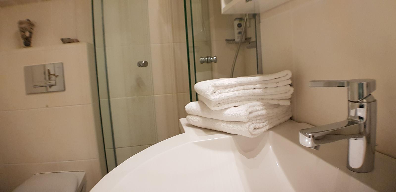 Badezimmer mit Dusche, Waschbecken und Handtüchern.