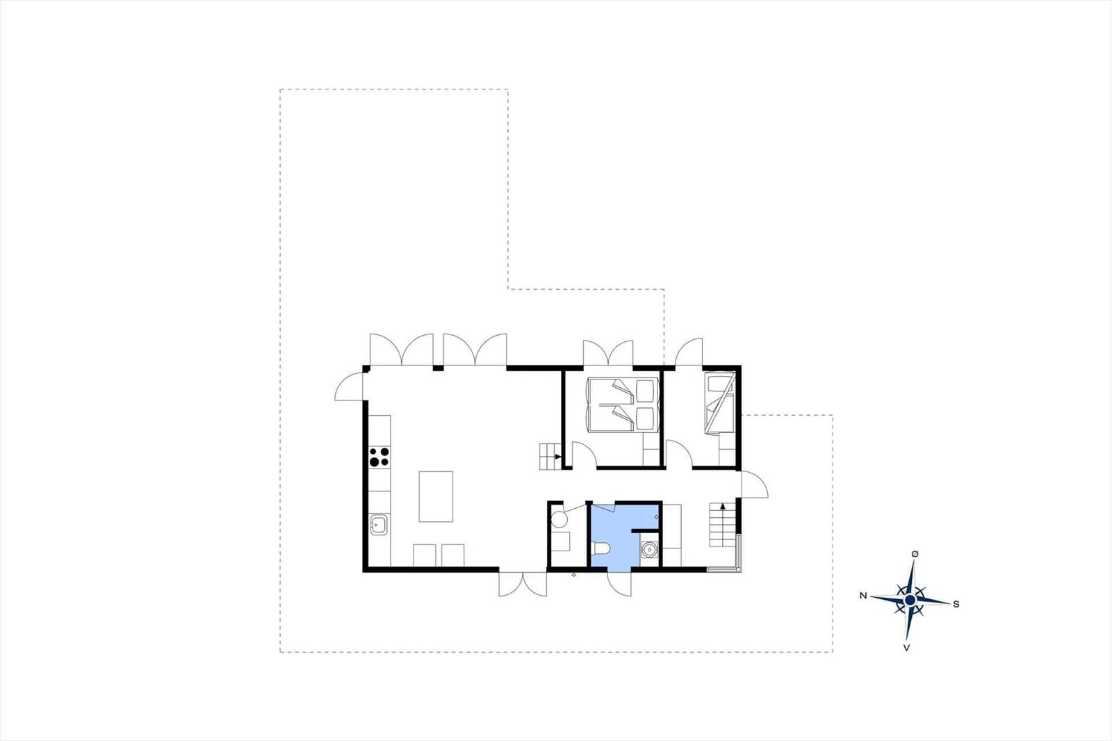 Apartment with kitchen, bedroom, and bathroom. Compass for orientation.