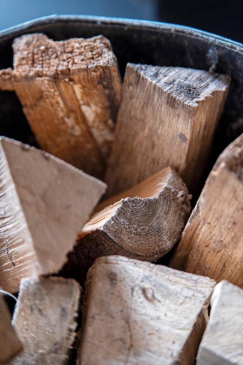 Sichtbar sind geräumte Holzscheite in einem Korb.