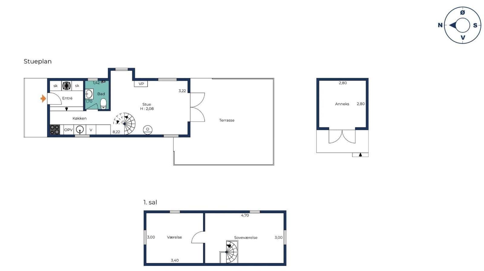 Stueplan zeigt Wohnfläche, Küche, Bad und Terrasse mit Maßen.