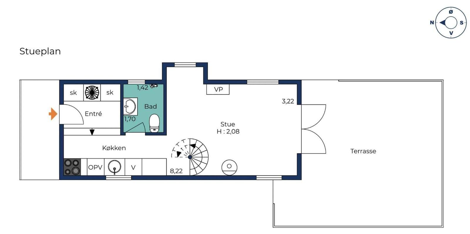 Stueplan zeigt Küche, Bad, Terrasse und Wohnbereich mit Maßen.