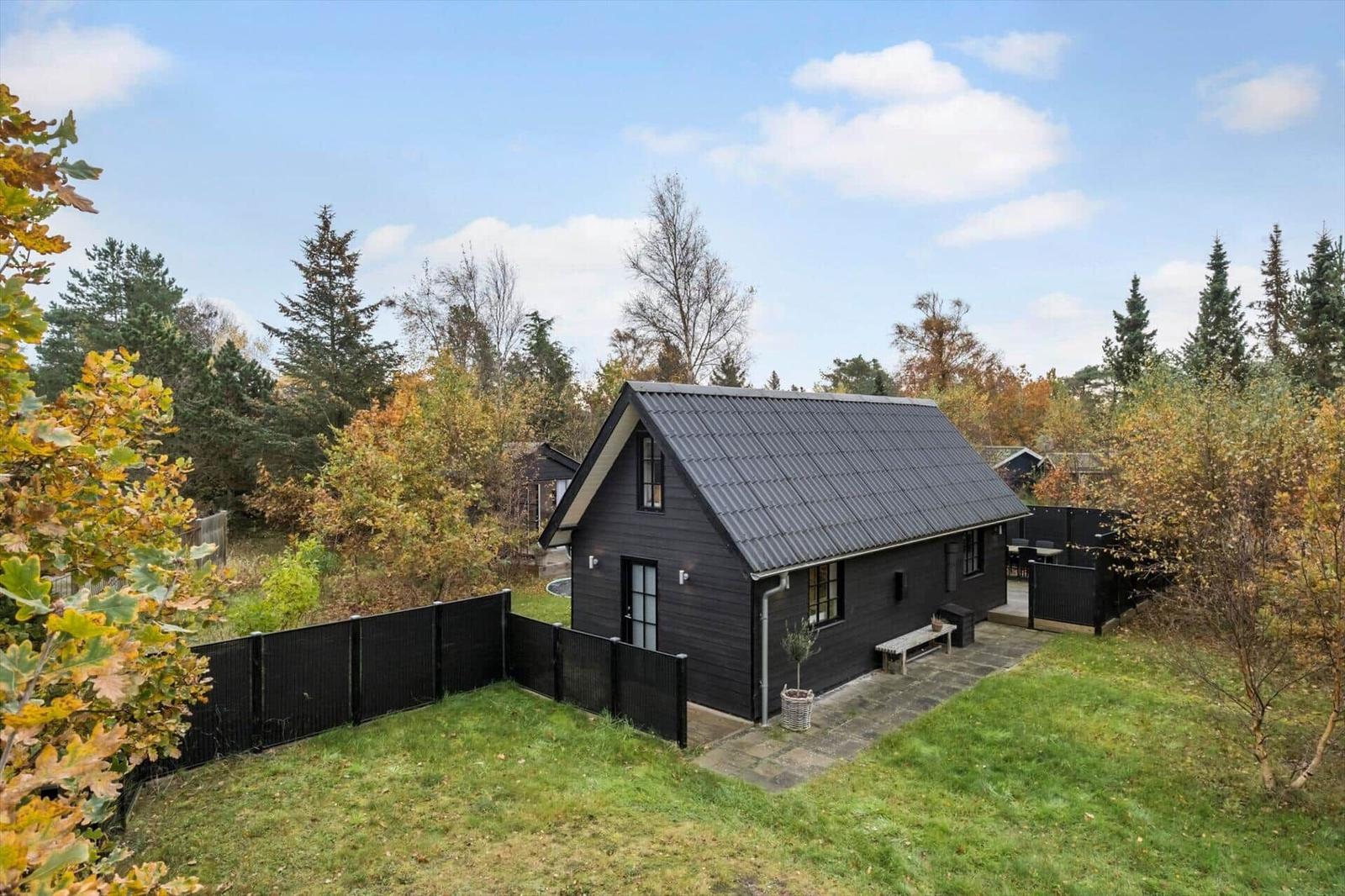 Schwarzes Holzhaus mit Dach, umgeben von Gras und Bäumen.