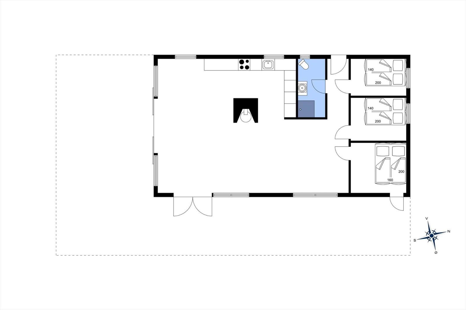 Apartment with three bedrooms, kitchen, and bathroom. Hallway with seating area.