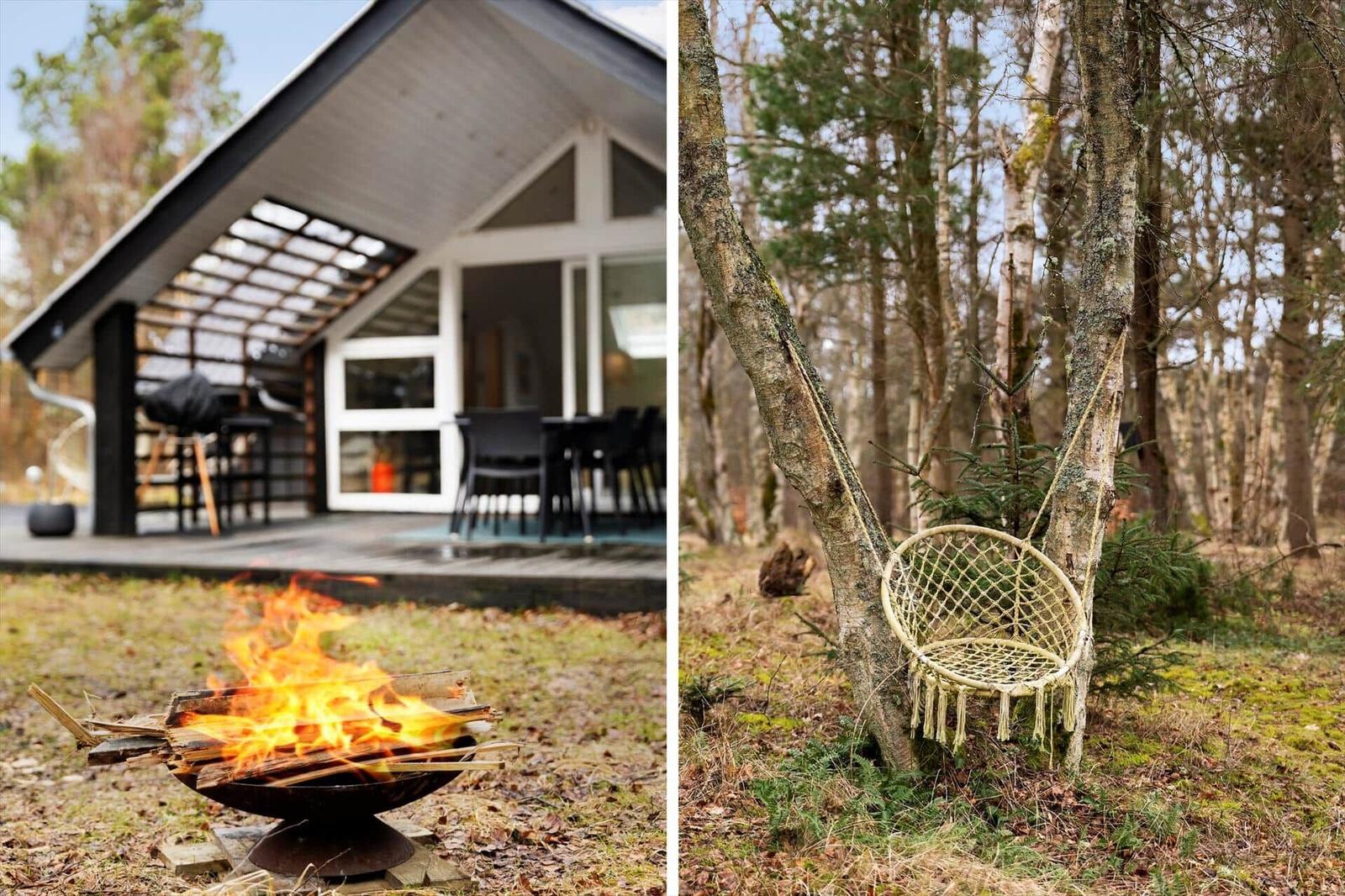 Fire in foreground, background shows modern house with terrace.