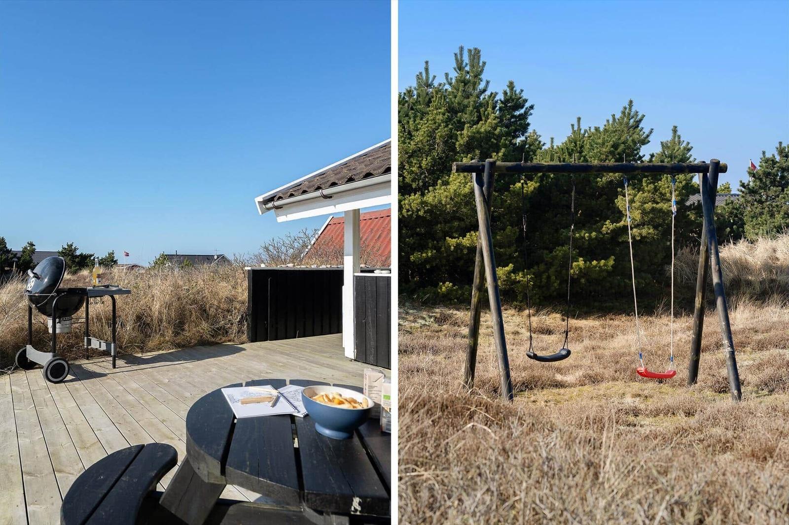 Terrasse mit Grill und Tisch. Schaukel im Garten mit zwei Sitzmöglichkeiten.
