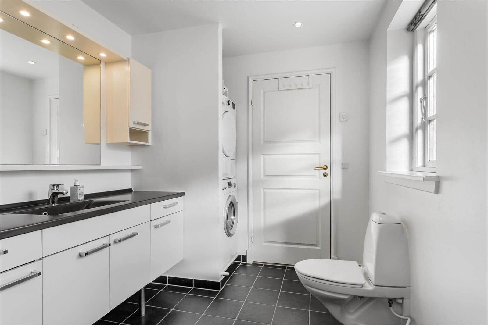 Badezimmer mit Waschbecken, Spiegel, Toilette und Waschmaschine