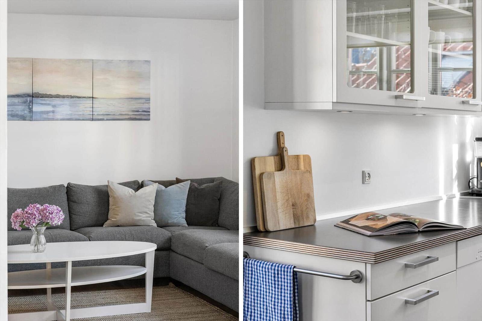 Wohnbereich mit Sofa und Küchenzeile mit Arbeitsplatte.