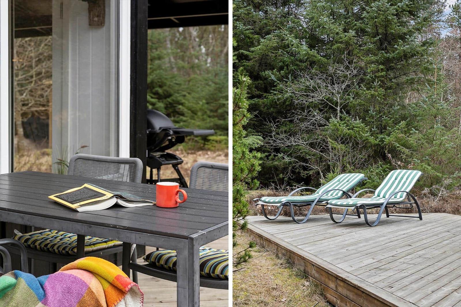 Patio with table, chairs, and grill. Outdoor deck with lounge chairs and forest view.