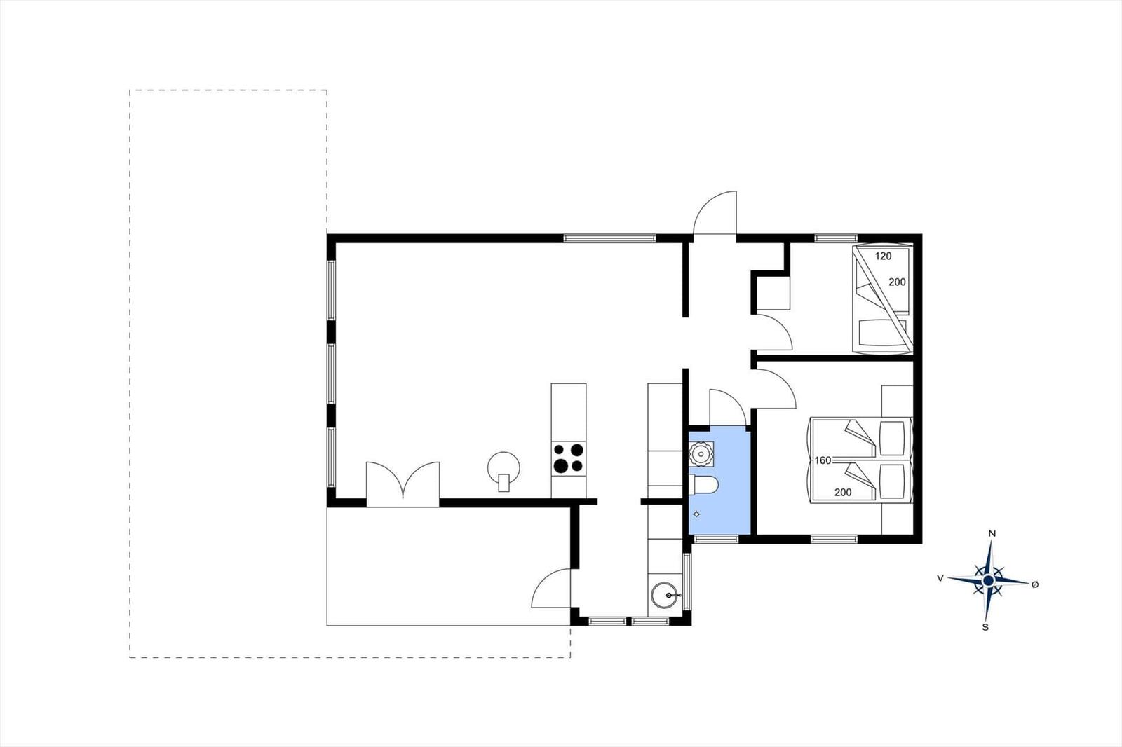 Apartment with kitchen, bathroom, and two bedrooms. Floor plan with orientation.