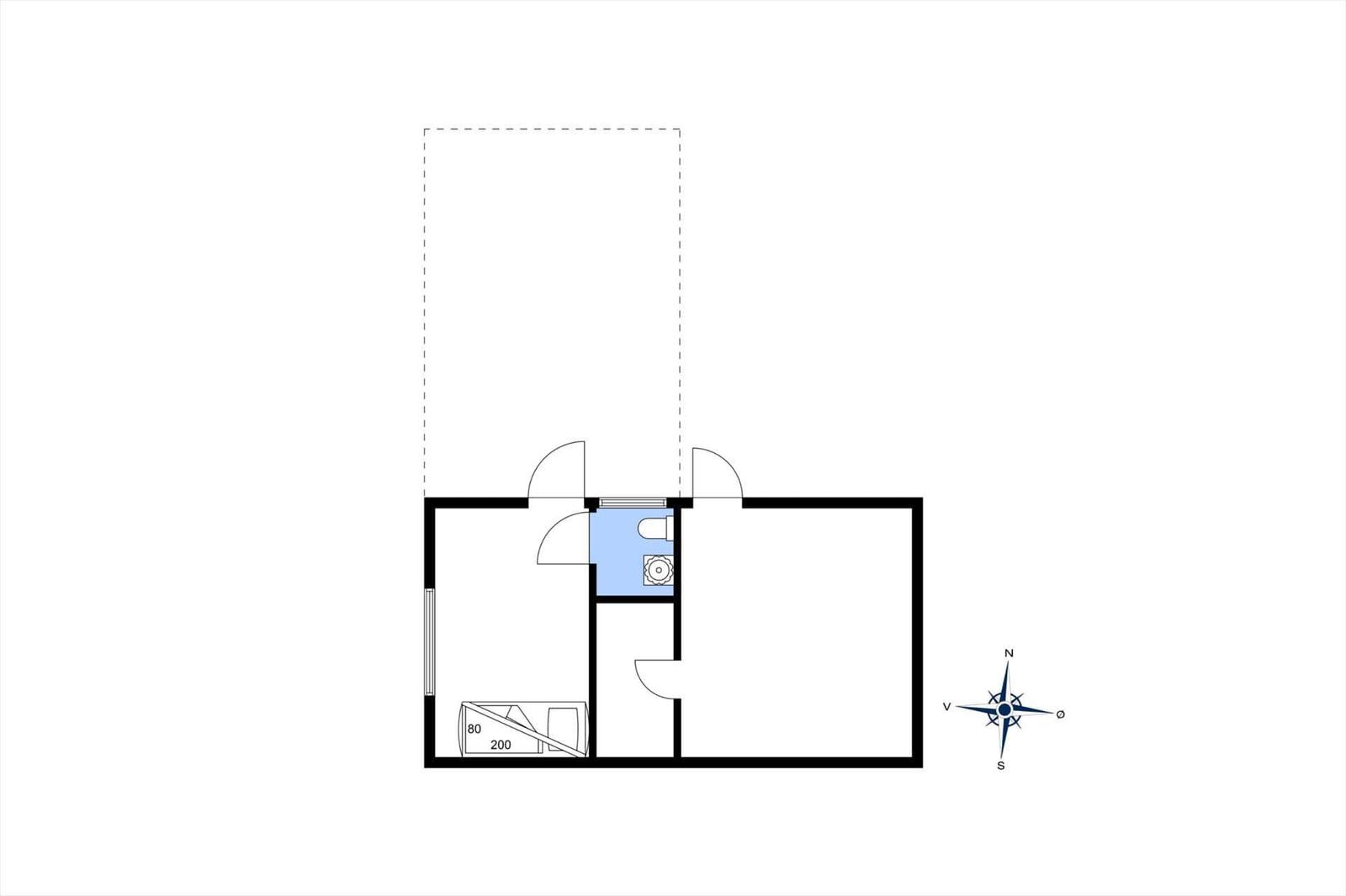 Single-family home floor plan with bedroom, bathroom, and kitchen.