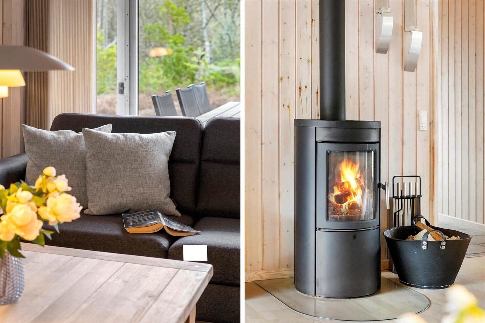 Sofa with cushions and flowers near window. Fireplace with burning wood.