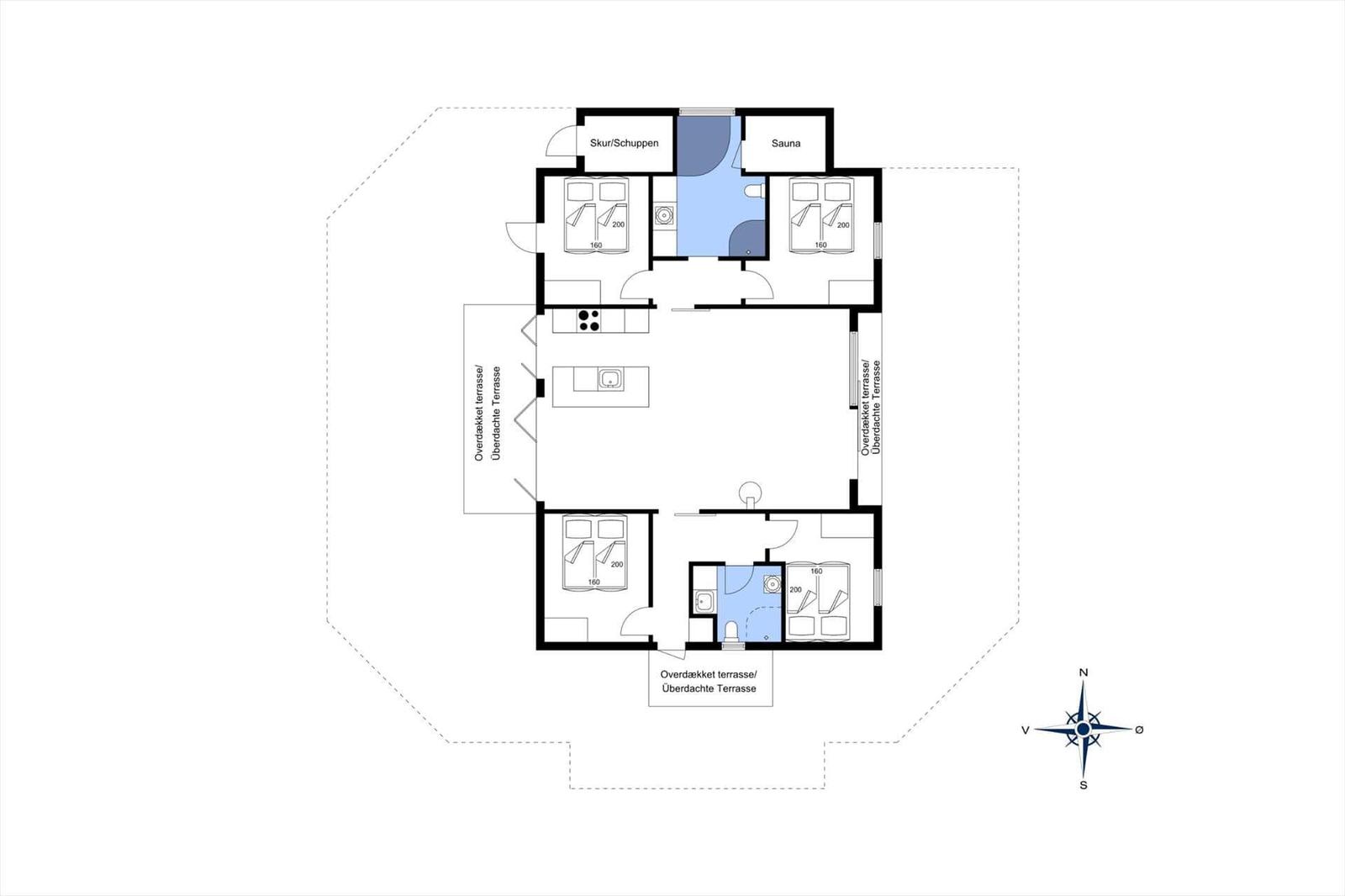 Holiday home with three bedrooms, sauna, and covered terrace.
