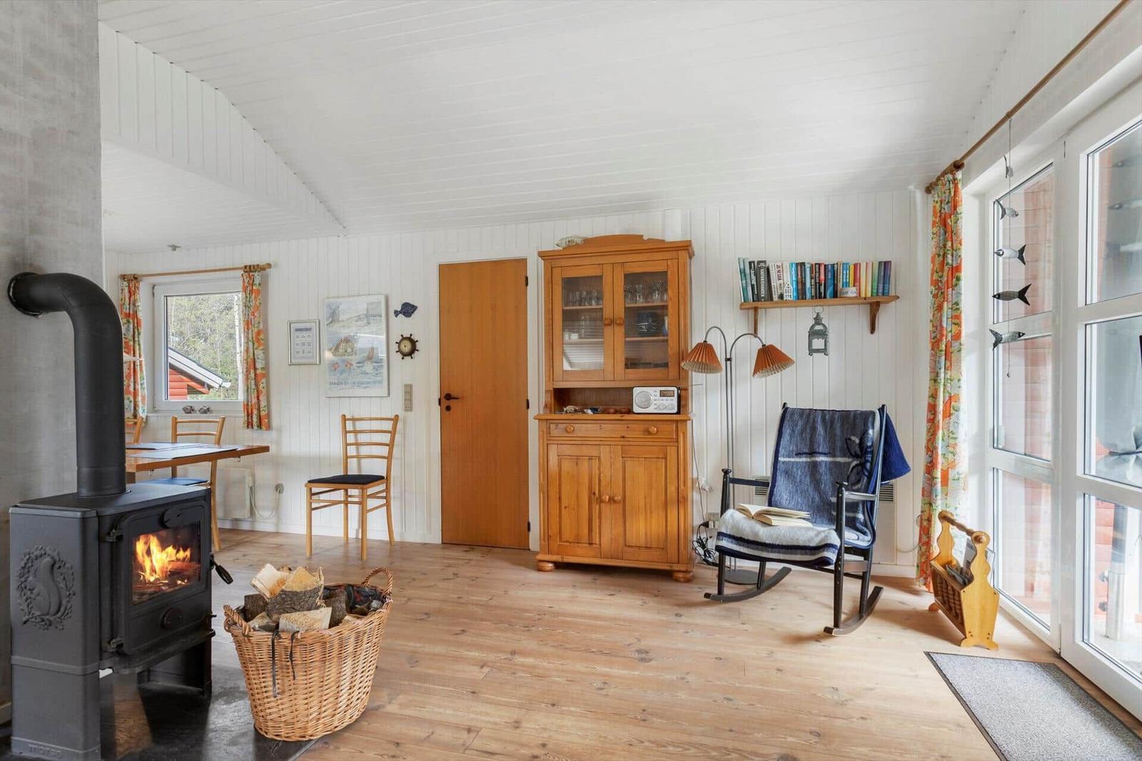 Living room with wood stove, wooden floor, and bookshelf on the wall.