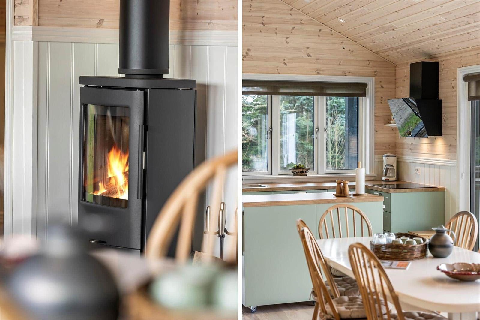 Wood-burning stove and kitchen area with dining space.