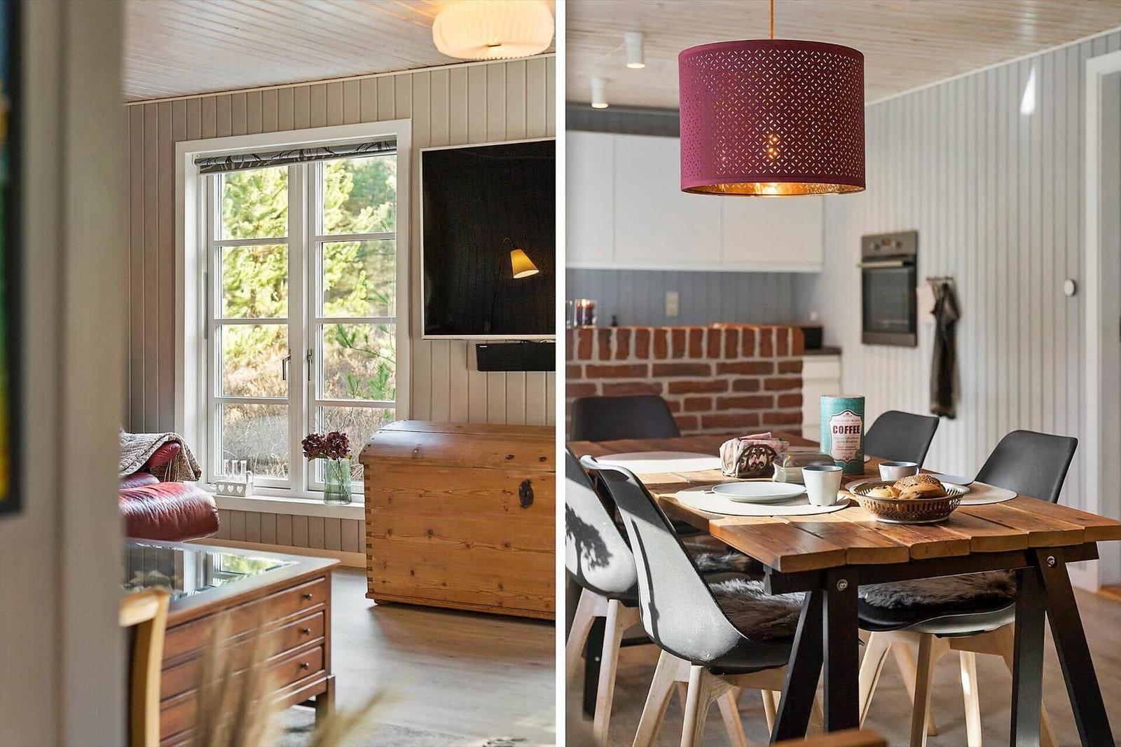 Wohnzimmer mit Fenster und Holztruhe. Essbereich mit Tisch, Stühlen und hängender Lampe.
