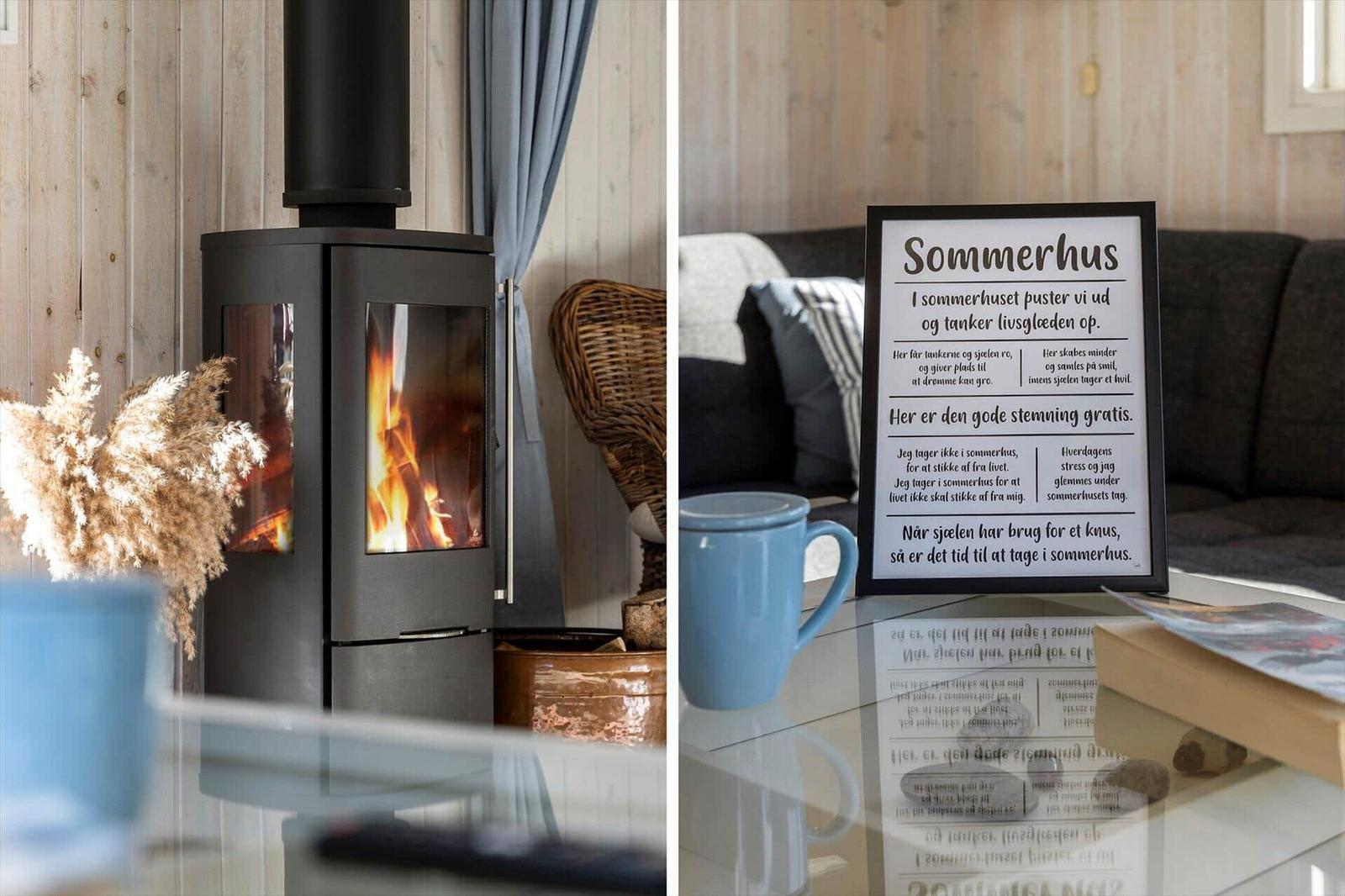 Wood-burning stove and seating area in the living room.