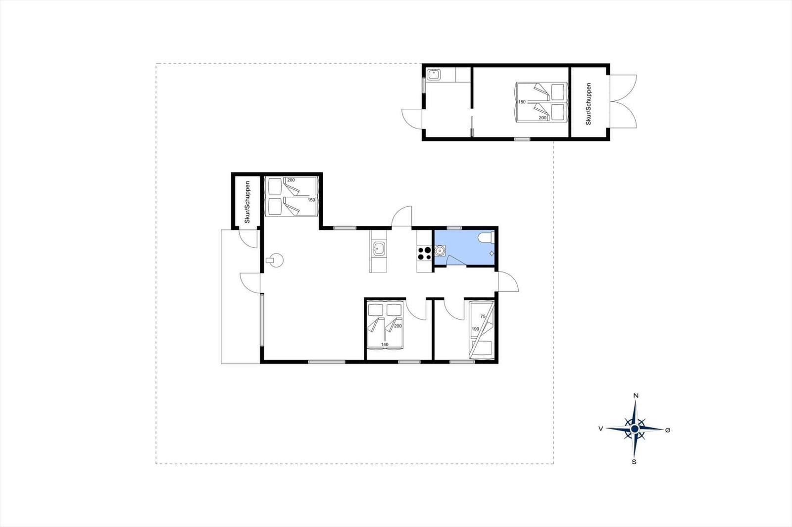 Floor plan with bedrooms, kitchen, and bathroom.