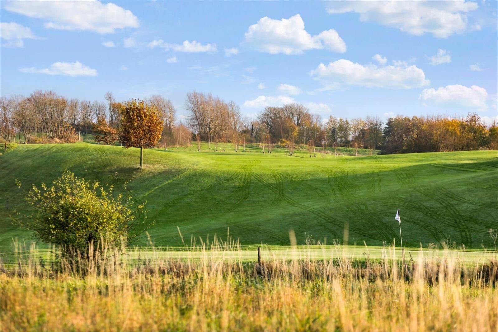 Golf course with green turf, trees, and blue sky with clouds.