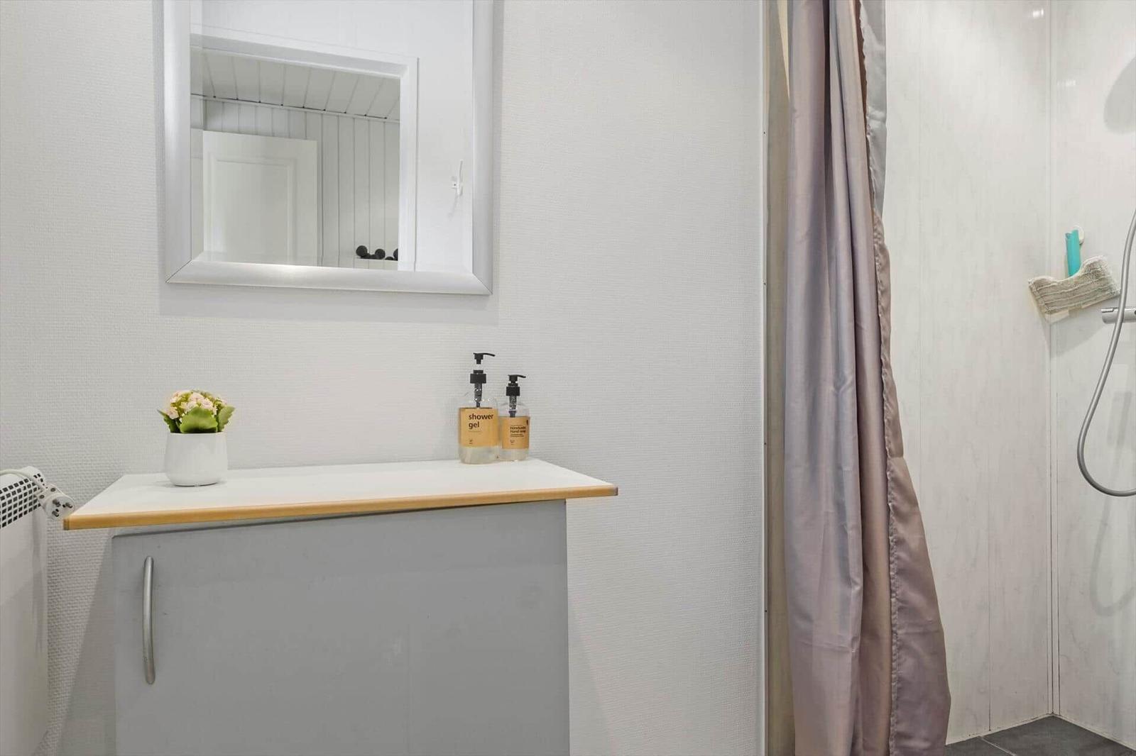 Bathroom with shower, sink, and mirror. Shower curtain and soap dispensers are visible.