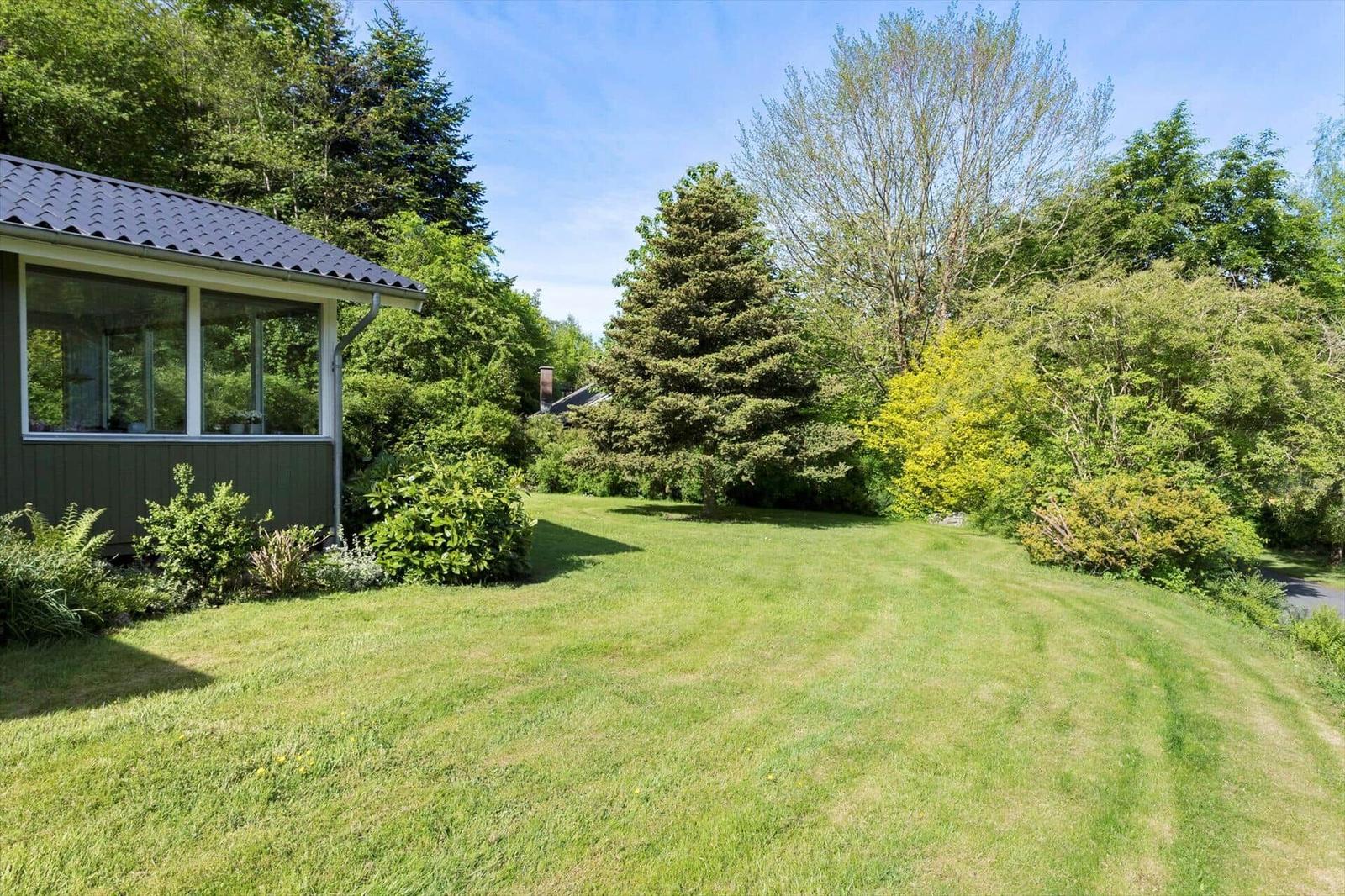 House with large garden and surrounding trees under blue sky.