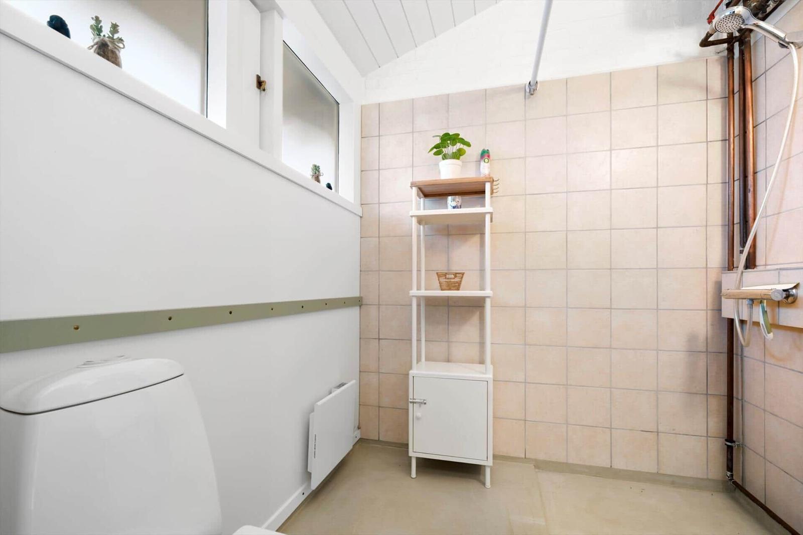 Bathroom with toilet, shower area, and small shelf