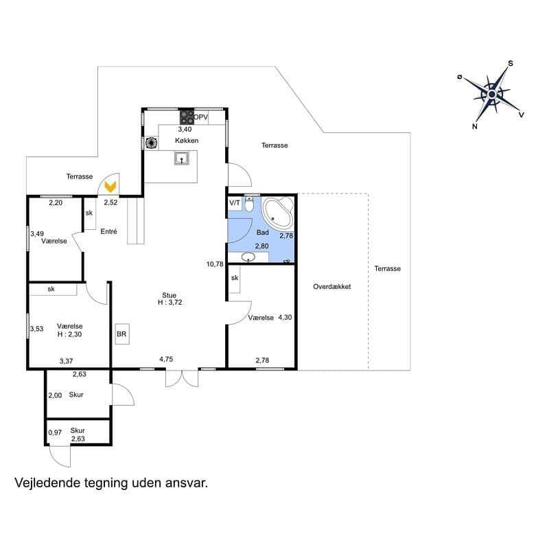 Floor plan shows living area with kitchen, bathroom, terrace, and two bedrooms.
